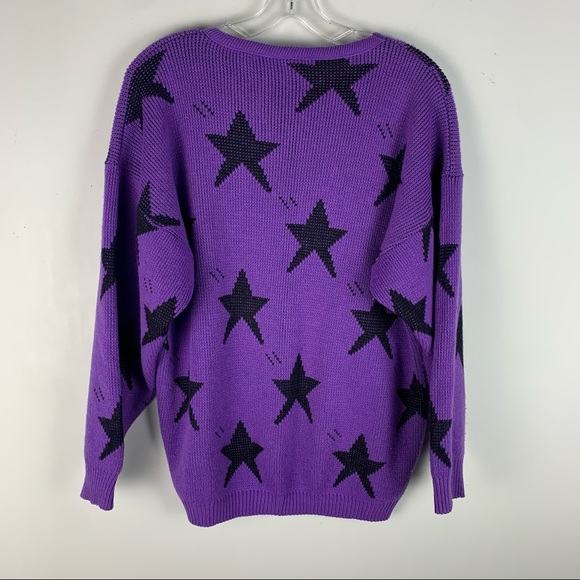 Vintage 90s Purple & Black Star Print Knit Sweater - Picture 3 of 4